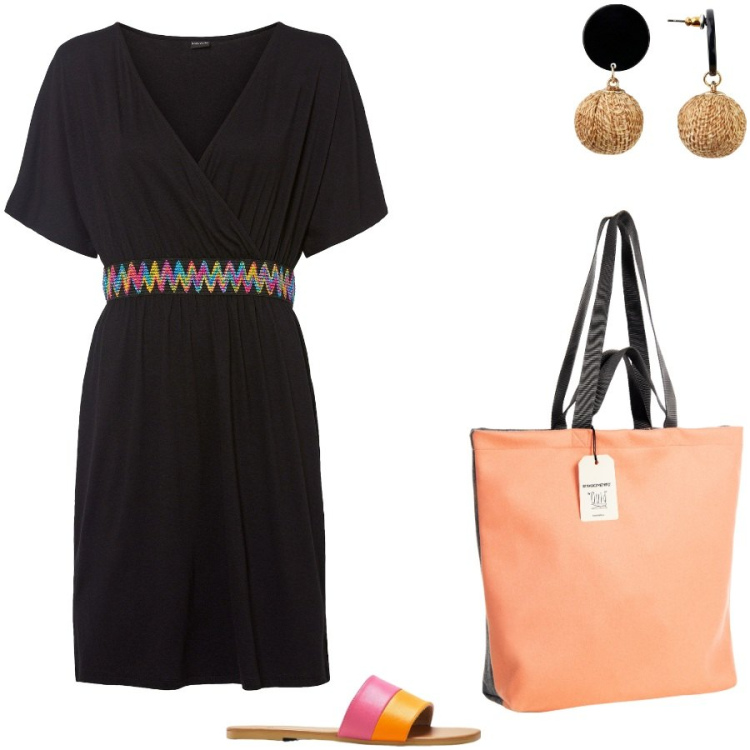 Outfit donna - Per una mattinata di spese. Stile Casual per Tutti i giorni. Abbinamento con orecchini, ciabatte, vestiti, borse tote.