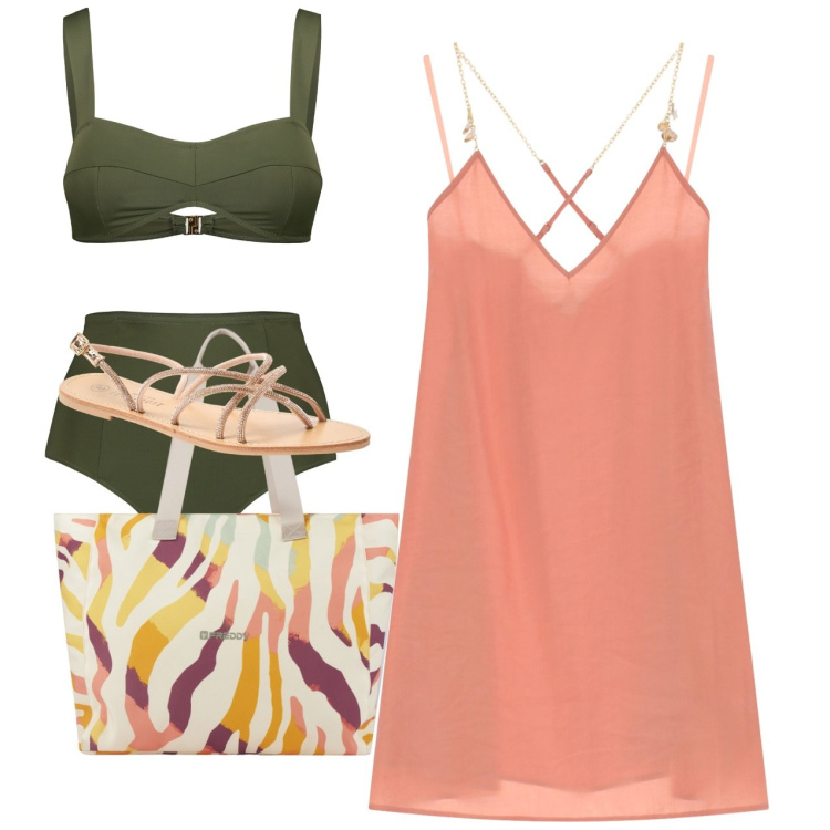 Outfit donna - Mare chic. Stile Chic per Mare. Abbinamento con sandali, vestiti corti, shopping bag, bikini.