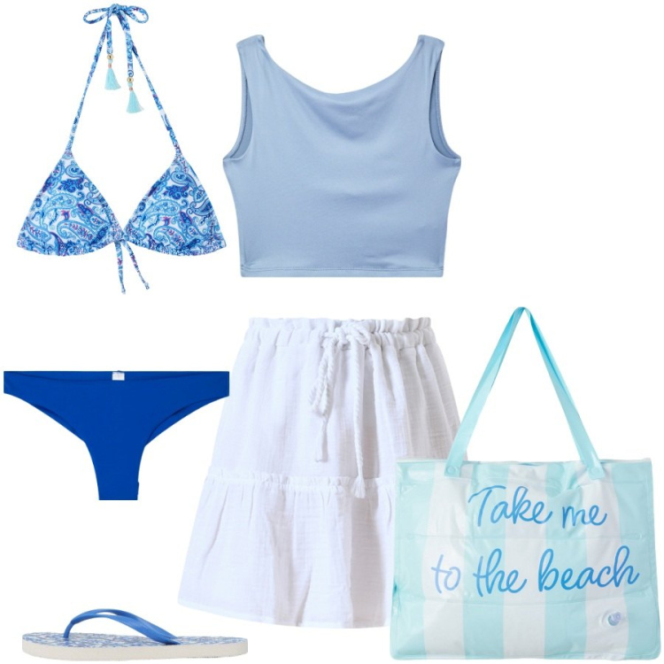 Outfit donna - Piscina in crociera. Stile Casual chic per Mare. Abbinamento con borse tote, infradito, bikini, bikini, top, gonne.