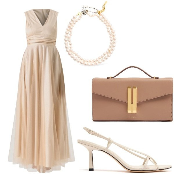 Outfit donna - Matrimonio in vista. Stile Glamour per Cerimonia. Abbinamento con vestiti lunghi, sandali in pelle, pochette, collane.