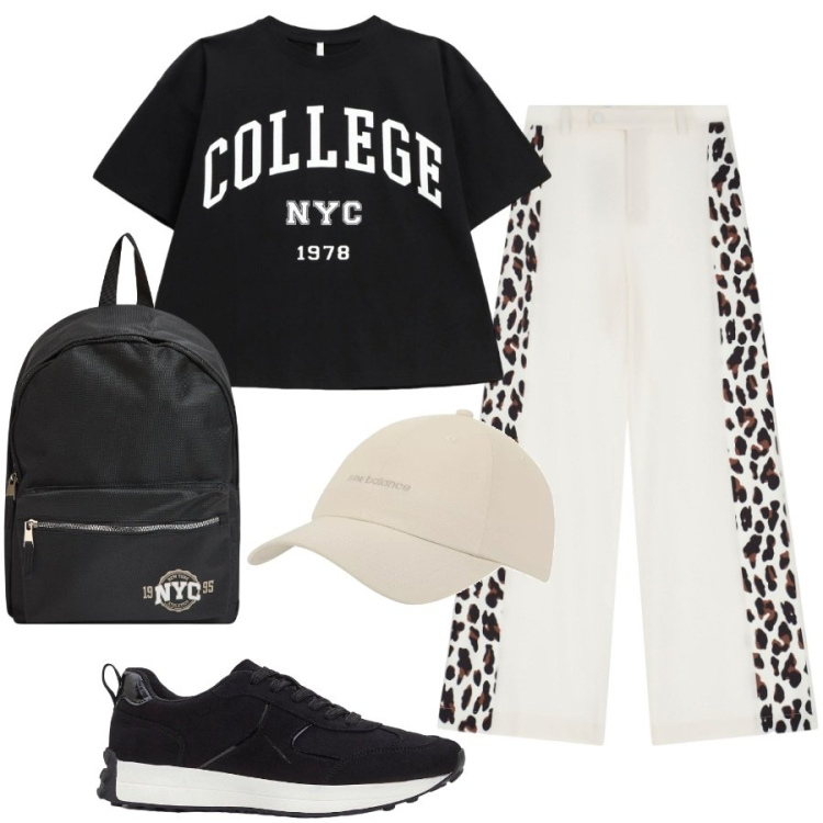 Outfit donna - Lezione all\' università. Stile Casual chic per Scuola/Università. Abbinamento con sneakers, zaini, cappelli con visiera, t-shirt, pantaloni a palazzo.