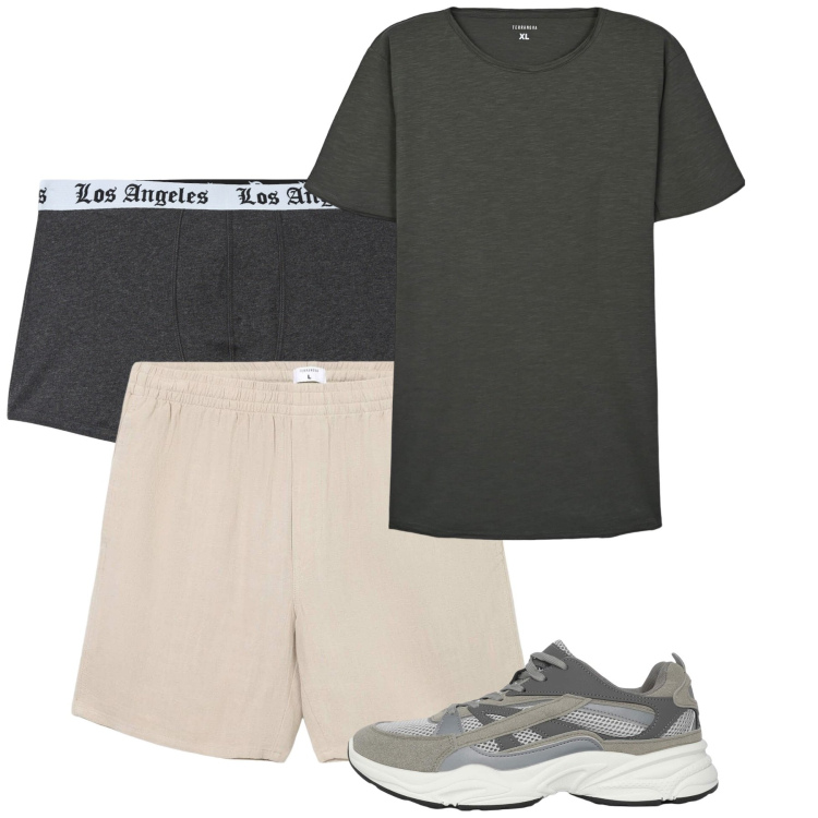 Outfit uomo - Luglio. Stile Casual per Tutti i giorni. Abbinamento con pantaloni corti, sneakers, t-shirt, boxer.