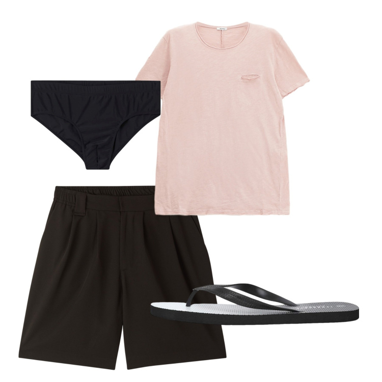 Outfit uomo - Luglio. Stile Casual per Tutti i giorni. Abbinamento con costumi, sandali, pantaloni corti, t-shirt.