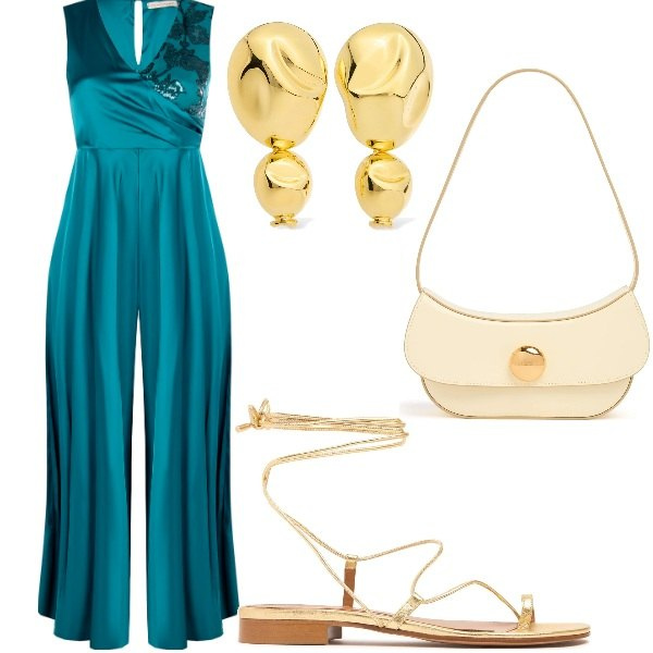 Outfit donna - Matrimonio in vista. Stile Glamour per Cerimonia. Abbinamento con tute, borse a spalla, sandali in pelle, orecchini.
