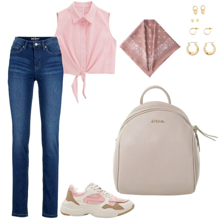 Outfit donna - In gita. Stile Casual per Tutti i giorni. Abbinamento con jeans slim fit, sneakers, orecchini, camicie, zaini, foulard.