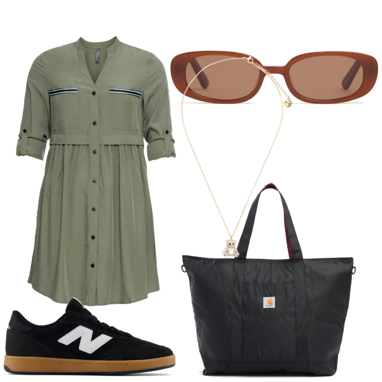 Outfit donna - Total look #2213783. Stile Casual chic per Mare. Abbinamento con vestiti chemisier, sneakers, ciondoli, occhiali da sole, shopping bag.