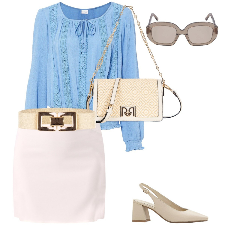 Outfit donna - In ufficio ad agosto. Stile Bon Ton per Ufficio. Abbinamento con décolleté, bluse, cinture, borse a tracolla, minigonne, occhiali da sole.
