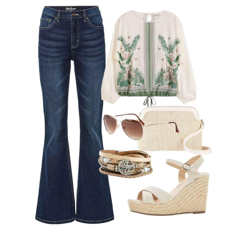 Outfit donna - 70s fantasie nostalgiche!. Stile 70s per Serata fuori. Abbinamento con tuniche, jeans a zampa, sandali, occhiali da sole, braccialetti, borse a tracolla.