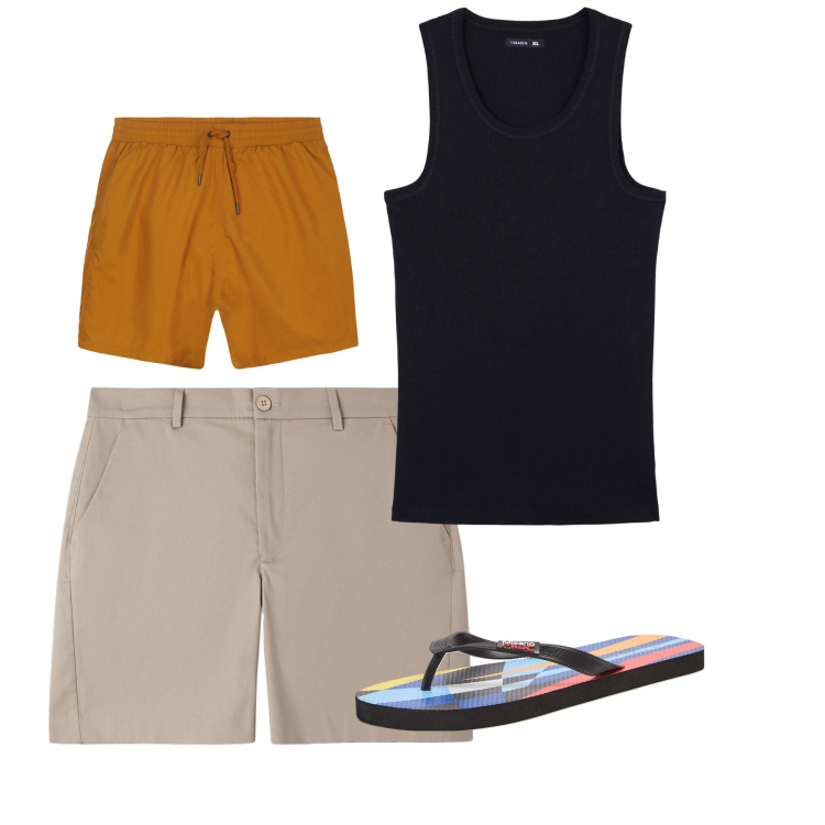 Outfit uomo - Luglio. Stile Casual per Mare. Abbinamento con sandali, pantaloni corti, canottiere, costumi.