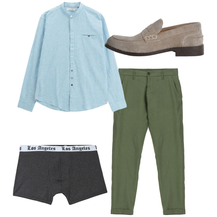 Outfit uomo - Total look. Stile Casual per Tutti i giorni. Abbinamento con boxer, camicie, scarpe stringate, pantaloni.