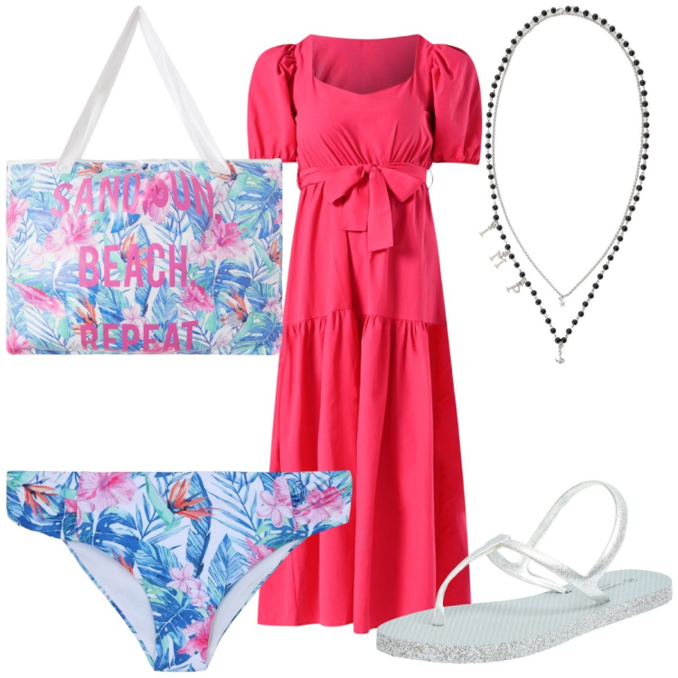 Outfit donna - Total look #2213802. Stile Trendy per Mare. Abbinamento con sandali, borse tote, bikini, vestiti lunghi, collane.