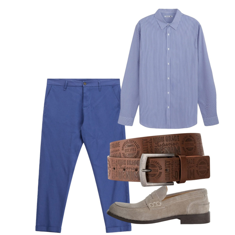 Outfit uomo - Luglio. Stile Casual per Tutti i giorni. Abbinamento con cinture, camicie, scarpe stringate, pantaloni.
