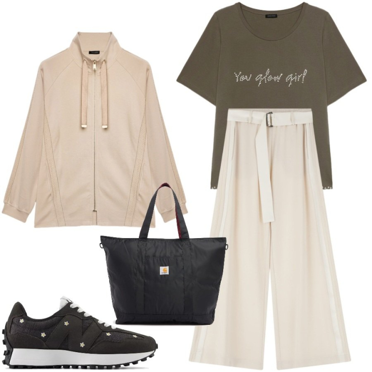 Outfit donna - Total look #2213813. Stile Sporty chic per Tutti i giorni. Abbinamento con sneakers, pantaloni, t-shirt, shopping bag, felpe.