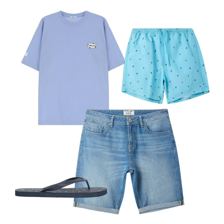 Outfit uomo - Total look. Stile Casual per Mare. Abbinamento con bermuda, costumi, sandali, t-shirt.