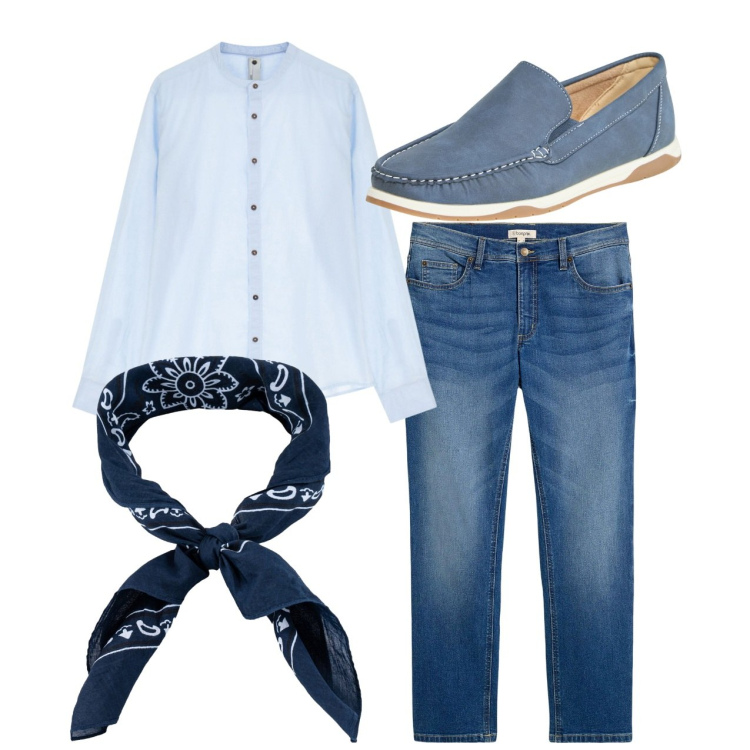 Outfit uomo - Total look. Stile Casual per Tutti i giorni. Abbinamento con jeans dritti, scarpe stringate, camicie, sciarpe e foulard.