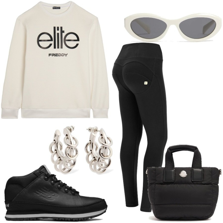 Outfit donna - Total look #2213819. Stile Sporty chic per Tutti i giorni. Abbinamento con sneakers, pantaloni skinny, felpe, orecchini, borse tote, occhiali da sole.