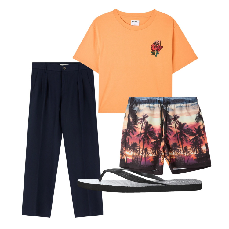 Outfit uomo - Luglio. Stile Casual per Tutti i giorni. Abbinamento con t-shirt, sandali, costumi, pantaloni.