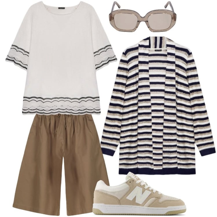 Outfit donna - Total look #2213834. Stile Casual chic per Tutti i giorni. Abbinamento con sneakers, bluse, cardigans, bermuda, occhiali da sole.