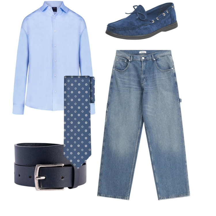 Outfit uomo - Total blu. Stile Casual per Tutti i giorni. Abbinamento con scarpe stringate, jeans, camicie, cinture, cravatte.