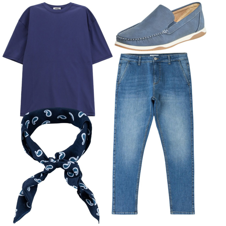 Outfit uomo - Total look. Stile Casual per Tutti i giorni. Abbinamento con scarpe stringate, jeans skinny, t-shirt, sciarpe e foulard.