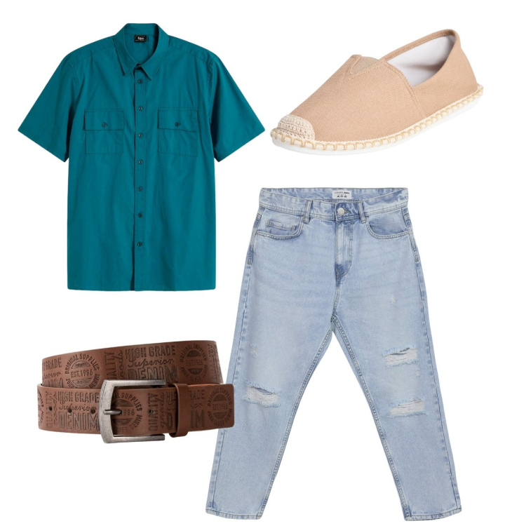 Outfit uomo - Total look. Stile Casual per Tutti i giorni. Abbinamento con cinture, camicie a manica corta, espadrillas, jeans strappati.