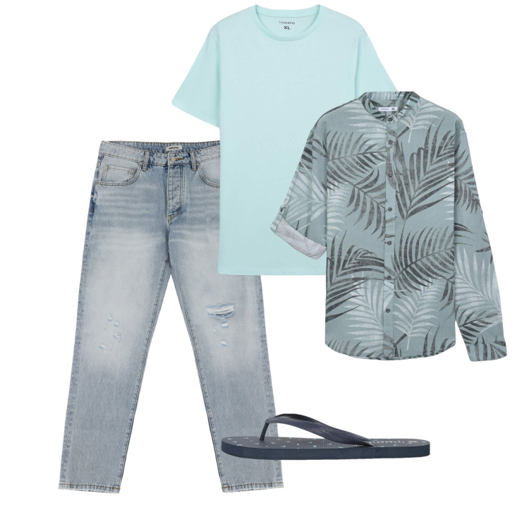 Outfit uomo - Luglio. Stile Casual per Tutti i giorni. Abbinamento con camicie, sandali, t-shirt, jeans strappati.