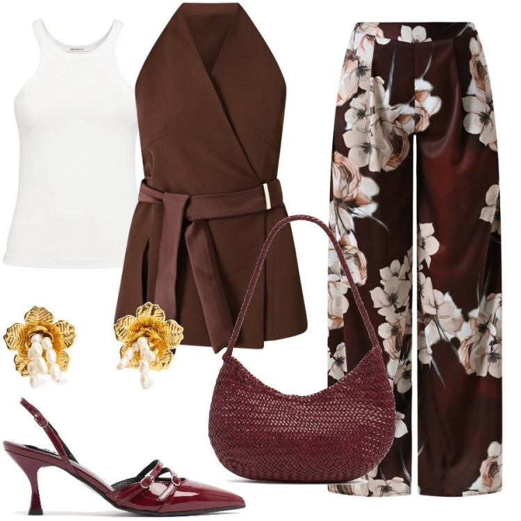 Outfit donna - Total look #2213854. Stile Chic per Cerimonia. Abbinamento con gilet, pantaloni a palazzo, décolleté, orecchini, borse a spalla, canottiere.