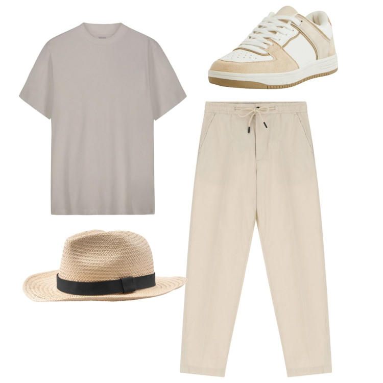 Outfit uomo - Total light. Stile Casual per Tutti i giorni. Abbinamento con sneakers, pantaloni chino, t-shirt, cappelli.