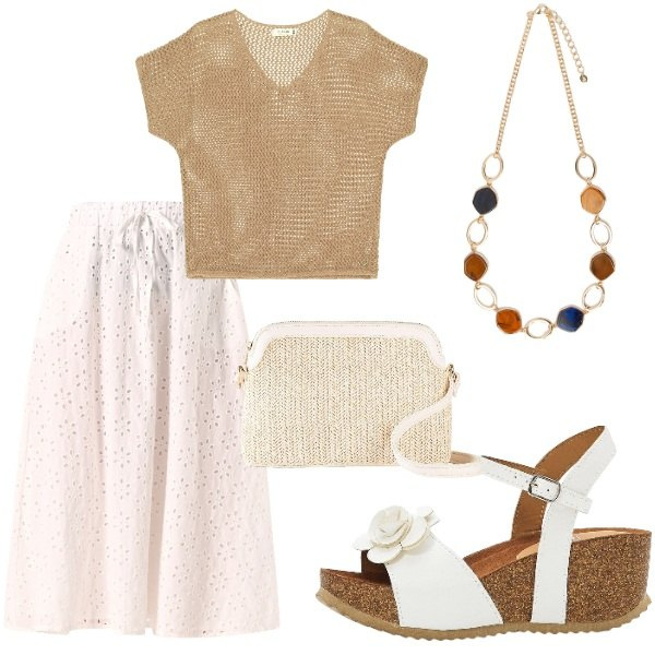 Outfit donna - Serata tra amici. Stile Casual chic per Serata fuori. Abbinamento con sandali, borse a tracolla, gonne longuette, maglieria, collane.