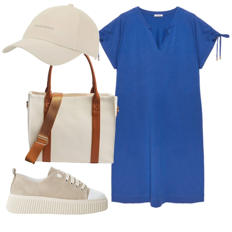 Outfit donna - Total look. Stile Basic per Tutti i giorni. Abbinamento con shopping bag, cappelli con visiera, sneakers, vestiti midi/longuette.