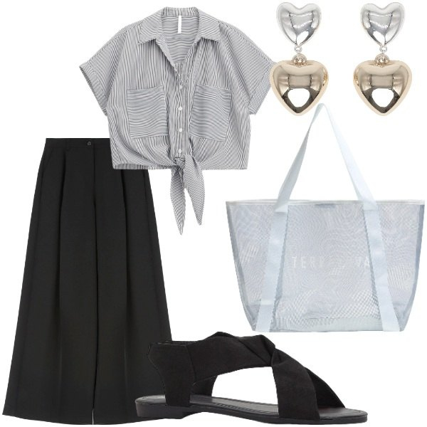 Outfit donna - Le serate di Luglio. Stile Casual chic per Serata fuori. Abbinamento con sandali, orecchini, shopping bag, pantaloni a palazzo, camicie a manica corta.