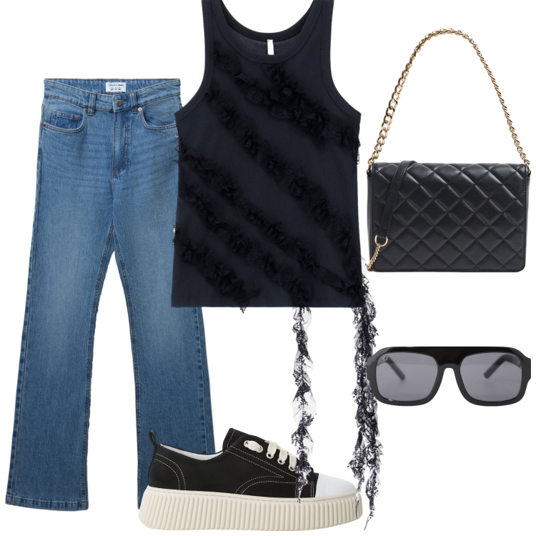 Outfit donna - Urban style. Stile Urban per Tutti i giorni. Abbinamento con jeans bootcut, borse a tracolla, sneakers, occhiali da sole, top.