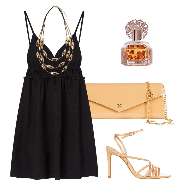 Outfit donna - Serata tra amiche. Stile Casual per Serata fuori. Abbinamento con profumi, vestiti corti, sandali col tacco, pochette, collane.
