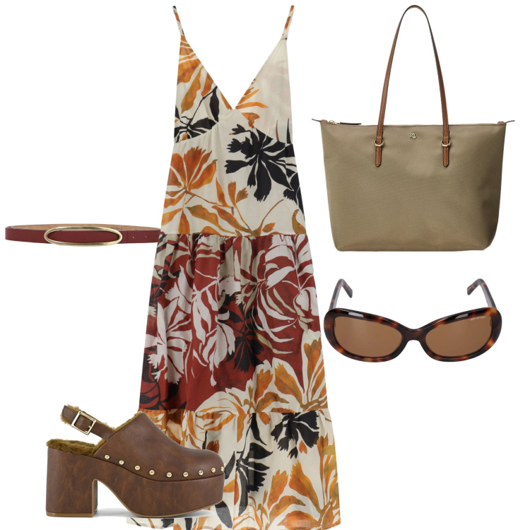 Outfit donna - Una pomeriggio al mare. Stile Boho per Tutti i giorni. Abbinamento con vestiti lunghi, cinture, borse tote, sabot, occhiali da sole.