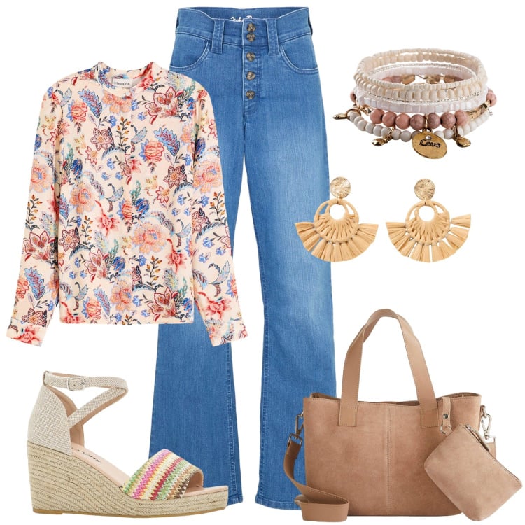 Outfit donna - Fiorellini vintage & jeans. Stile 70s per Tutti i giorni. Abbinamento con jeans dritti, camicie, borse a mano, orecchini, braccialetti, sandali.
