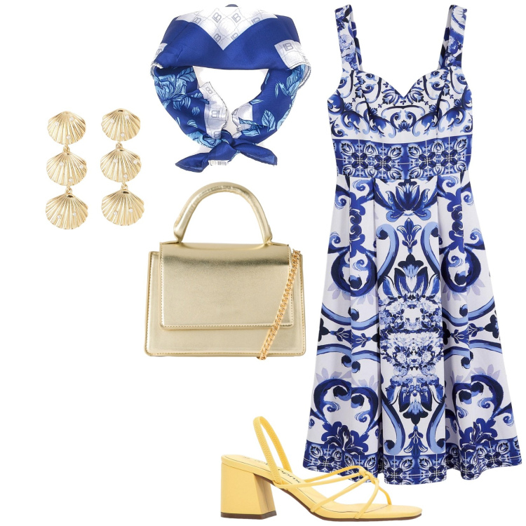 Outfit donna - Giornate calde. Stile Casual per Tutti i giorni. Abbinamento con sandali col tacco, vestiti, orecchini, borse a tracolla, foulard.