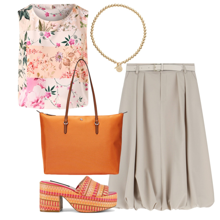 Outfit donna - Estiva al tramonto. Stile Casual per Tutti i giorni. Abbinamento con top, gonne longuette, collane, borse tote, zeppe.