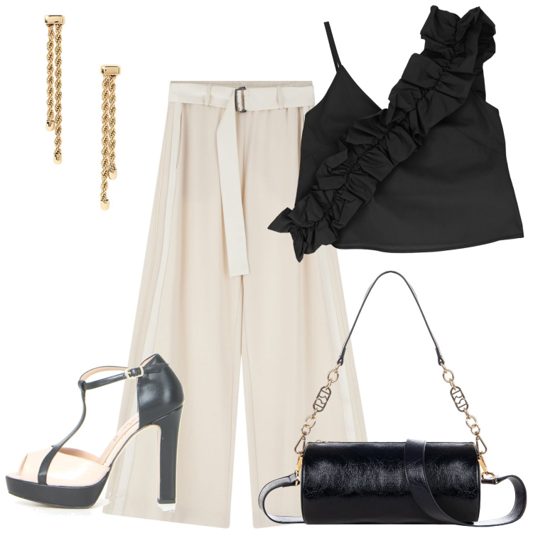 Outfit donna - Invito a cena lungomare. Stile Casual chic per Serata fuori. Abbinamento con borse a mano, pantaloni, top, orecchini, sandali col tacco.
