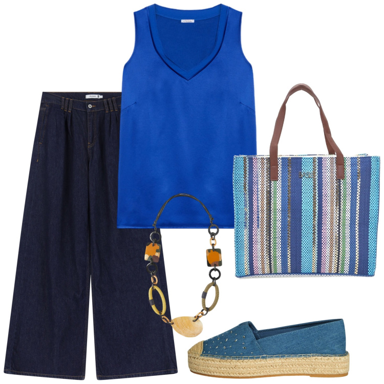 Outfit donna - Qualcosa in tela. Stile Basic per Tutti i giorni. Abbinamento con espadrillas, jeans, top, shopping bag, collane.
