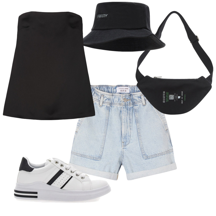 Outfit donna - Molto Easy. Stile Sporty chic per Tutti i giorni. Abbinamento con marsupi, shorts, cappelli, top, sneakers.