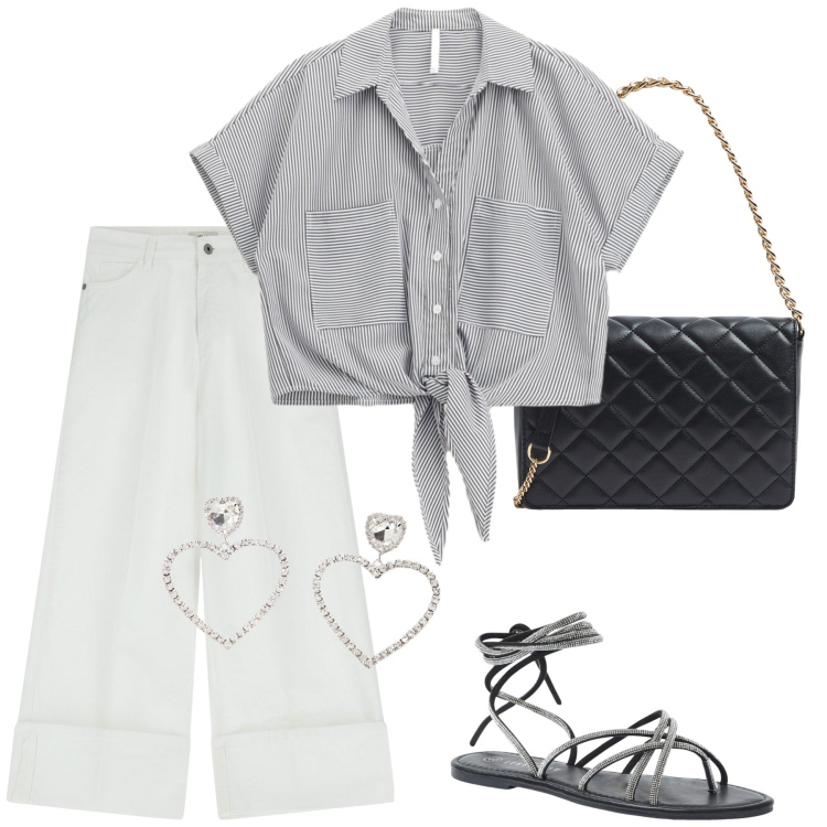 Outfit donna - Estate in vacanza. Stile Casual per Mare. Abbinamento con sandali alla schiava, borse a tracolla, camicie a manica corta, orecchini, pantaloni.