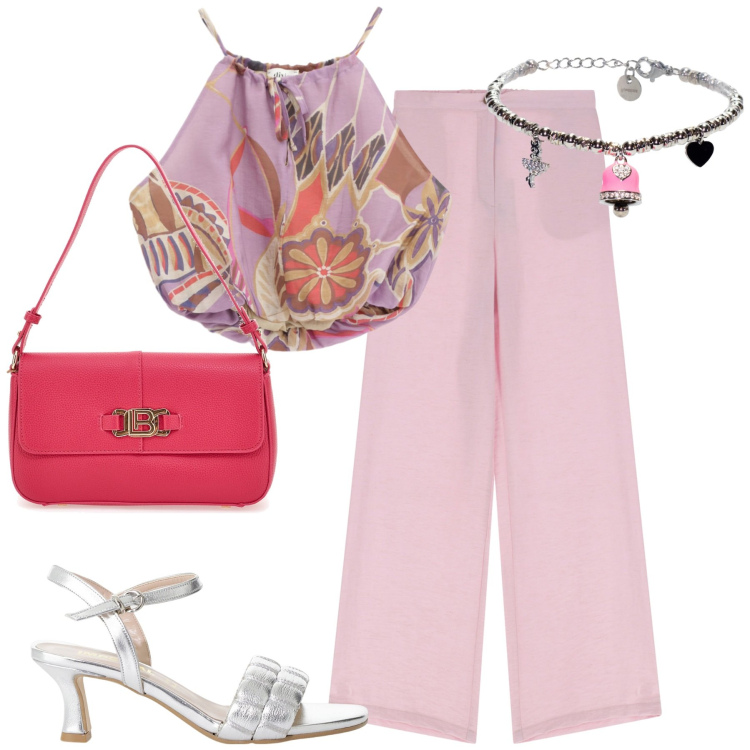 Outfit donna - Agosto. Stile Urban per Tutti i giorni. Abbinamento con sandali col tacco, braccialetti, top, pantaloni, borse a spalla.