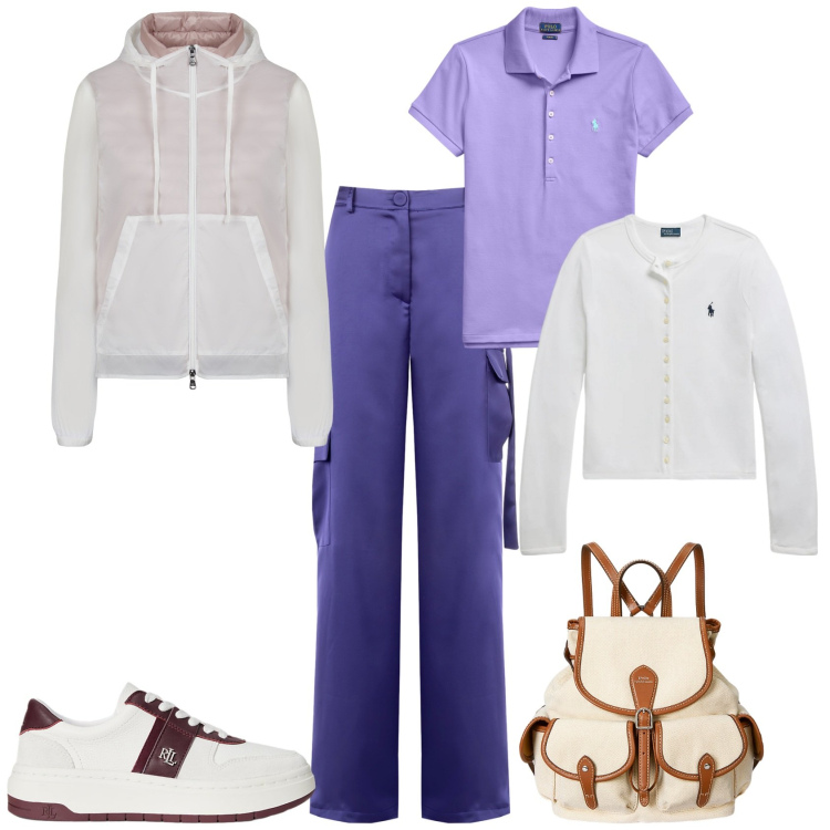 Outfit donna - Total look #2213895. Stile Sporty chic per Tutti i giorni. Abbinamento con pantaloni cargo, sneakers, cardigans, zaini, polo, blazer.