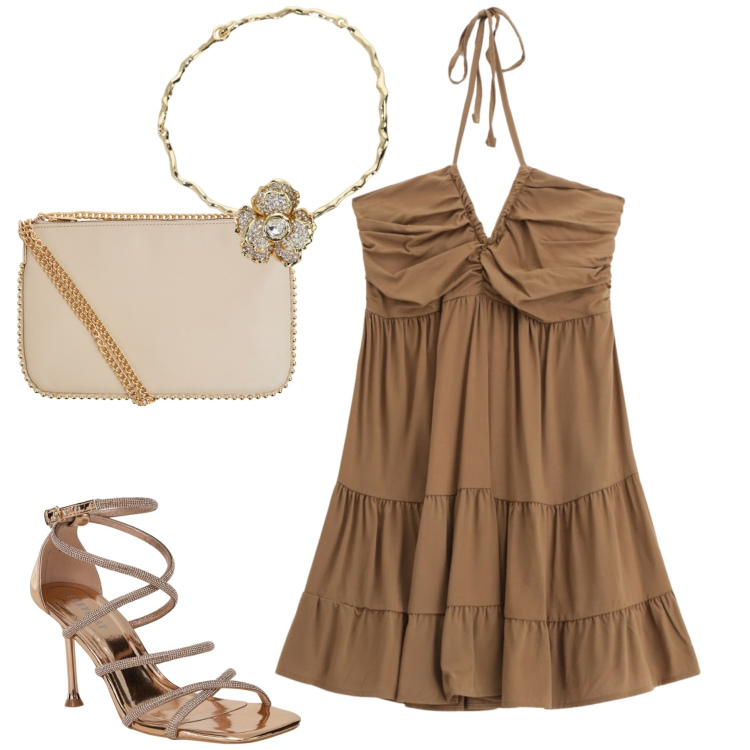Outfit donna - Serate estive. Stile Trendy per Serata fuori. Abbinamento con sandali col tacco, borse a tracolla, vestiti corti, collane.