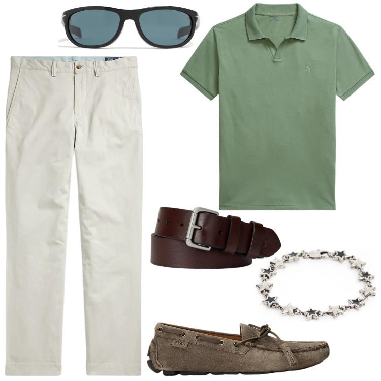 Outfit uomo - Sportivo con eleganza. Stile Urban per Tutti i giorni. Abbinamento con scarpe stringate, cinture, pantaloni, polo, occhiali da sole, braccialetti.