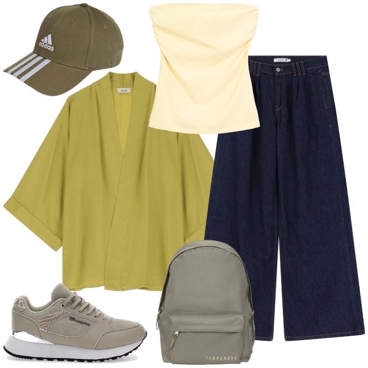 Outfit donna - Vacanza in montagna. Stile Sporty chic per Tutti i giorni. Abbinamento con zaini, top, jeans, blazer, sneakers, cappelli con visiera.