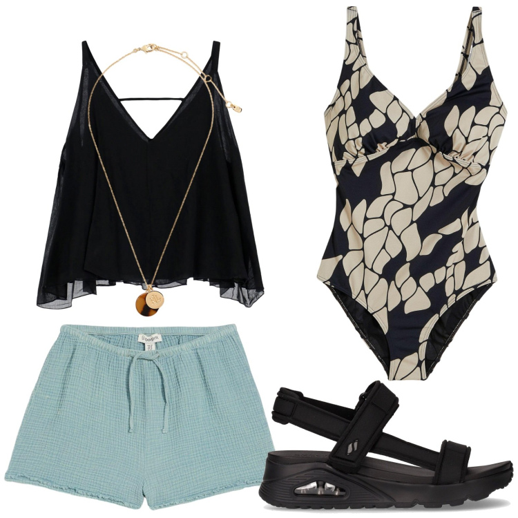 Outfit donna - Summer Holiday. Stile Glamour per Mare. Abbinamento con shorts, costumi interi, top, collane, sandali.