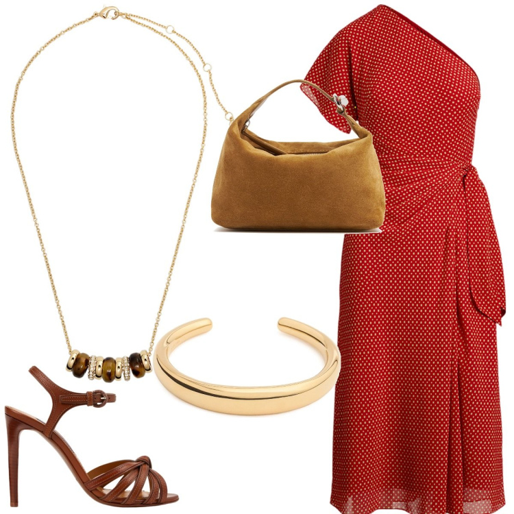 Outfit donna - Total look #2213906. Stile Casual chic per Serata fuori. Abbinamento con vestiti asimmetrici, collane, sandali col tacco, braccialetti, pochette.
