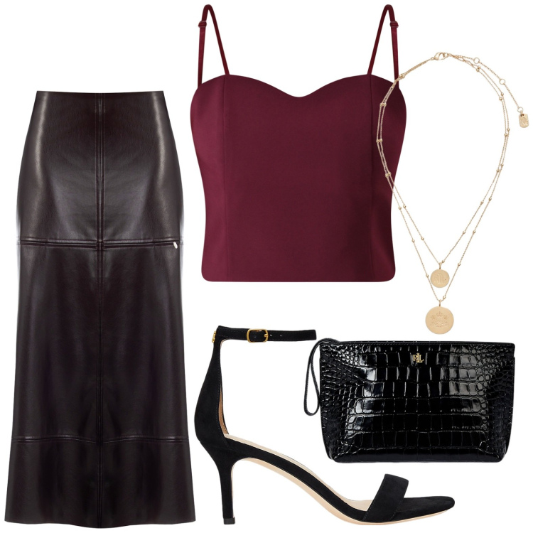 Outfit donna - Summer Holiday. Stile Chic per Serata fuori. Abbinamento con gonne longuette, top, ciondoli, pochette, sandali in pelle.