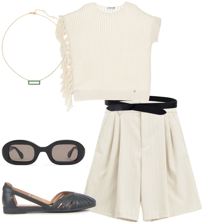 Outfit donna - Giornata impegnativa. Stile Casual per Tutti i giorni. Abbinamento con maglieria, shorts, cinture, collane, occhiali da sole, ballerine.